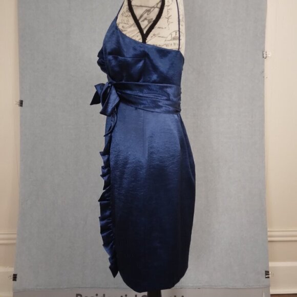 Royal Blue Bow Ruffle Satin Dress Evening Party Dress | Size 8 - Picture 5 of 10